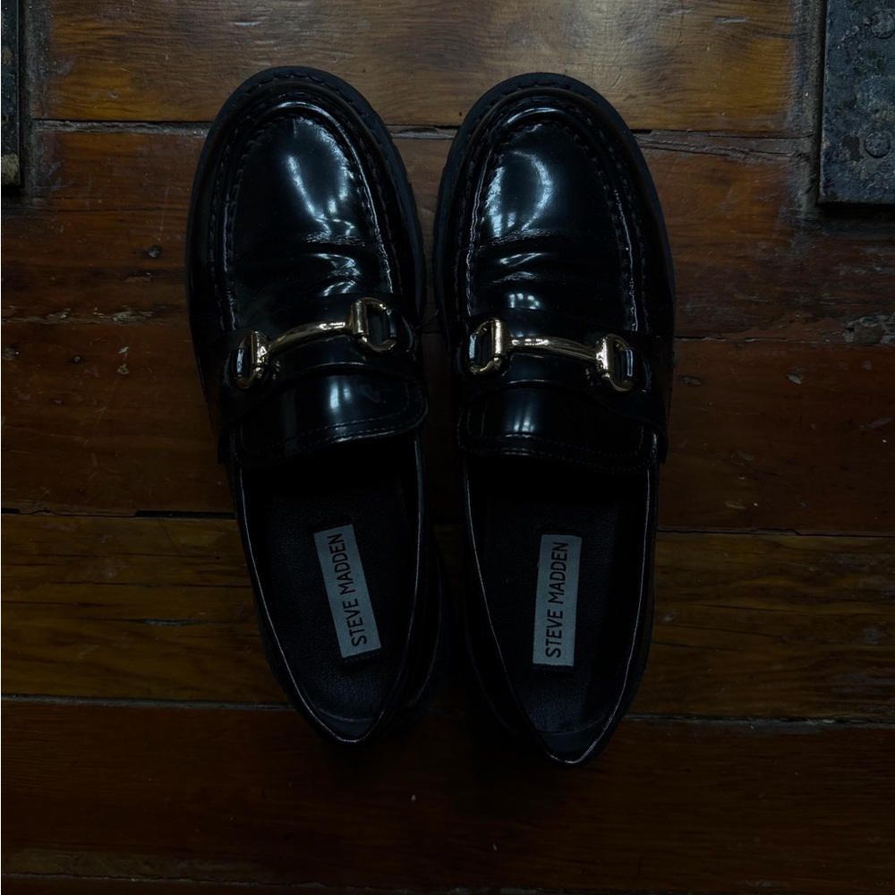 Steve Madden Black Loafers with Gold Accents